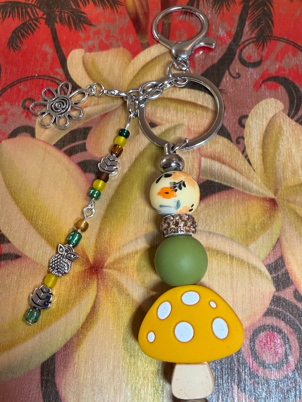 Cute Yellow Mushroom Kids Keychain with Green Bead